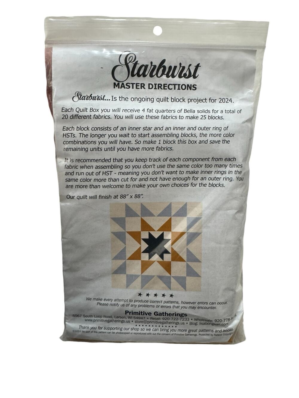 PRIMTIVE GATHERINGS *New* Starburst Quilt Block Project 2024 Box #1 Instructions